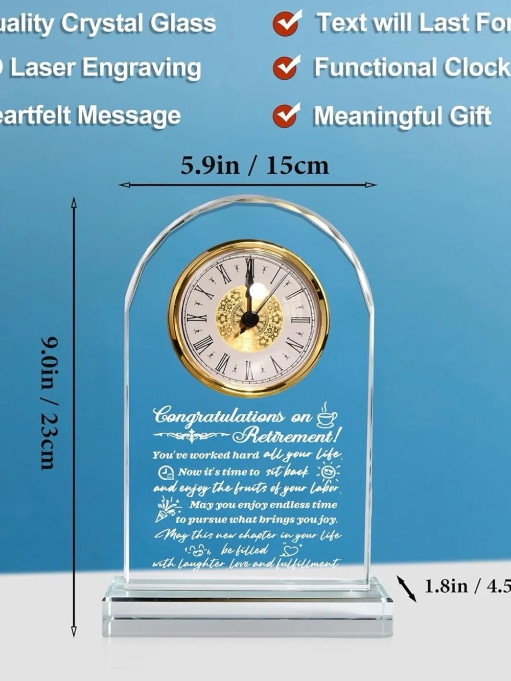 Crystal Happy Retirement Glass Clock Plaque - Clear